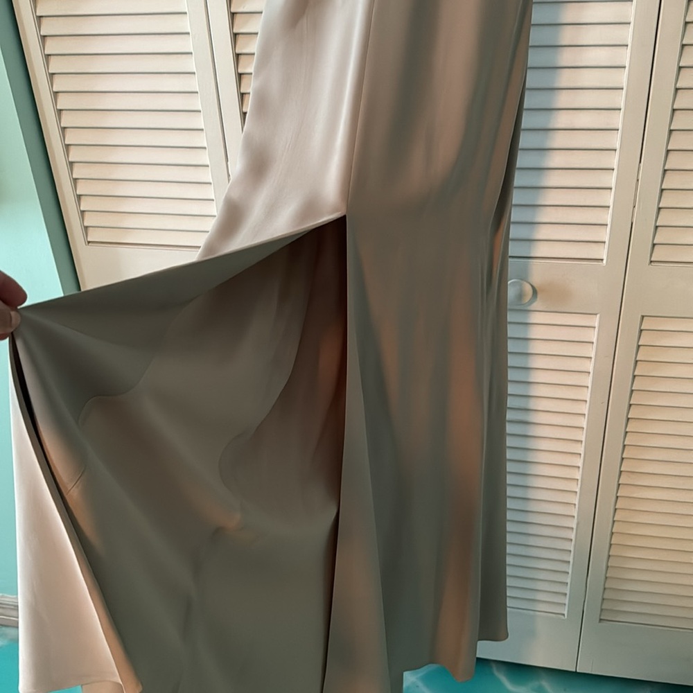 Tadasha brand full length split in front Taupe color formal gown. Size 14 - Picture 8 of 10